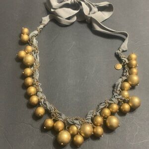 Vintage J Crew Gold Ball / Chain & Gray Ribbon adjustable length necklace